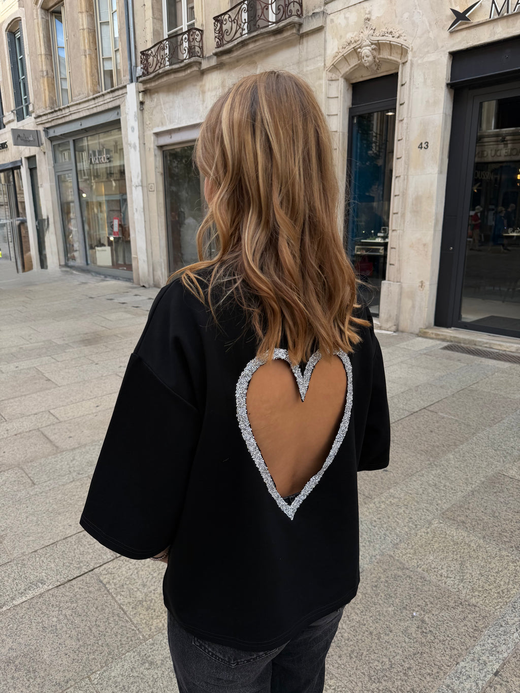 T-shirt coeur à strass - Noir