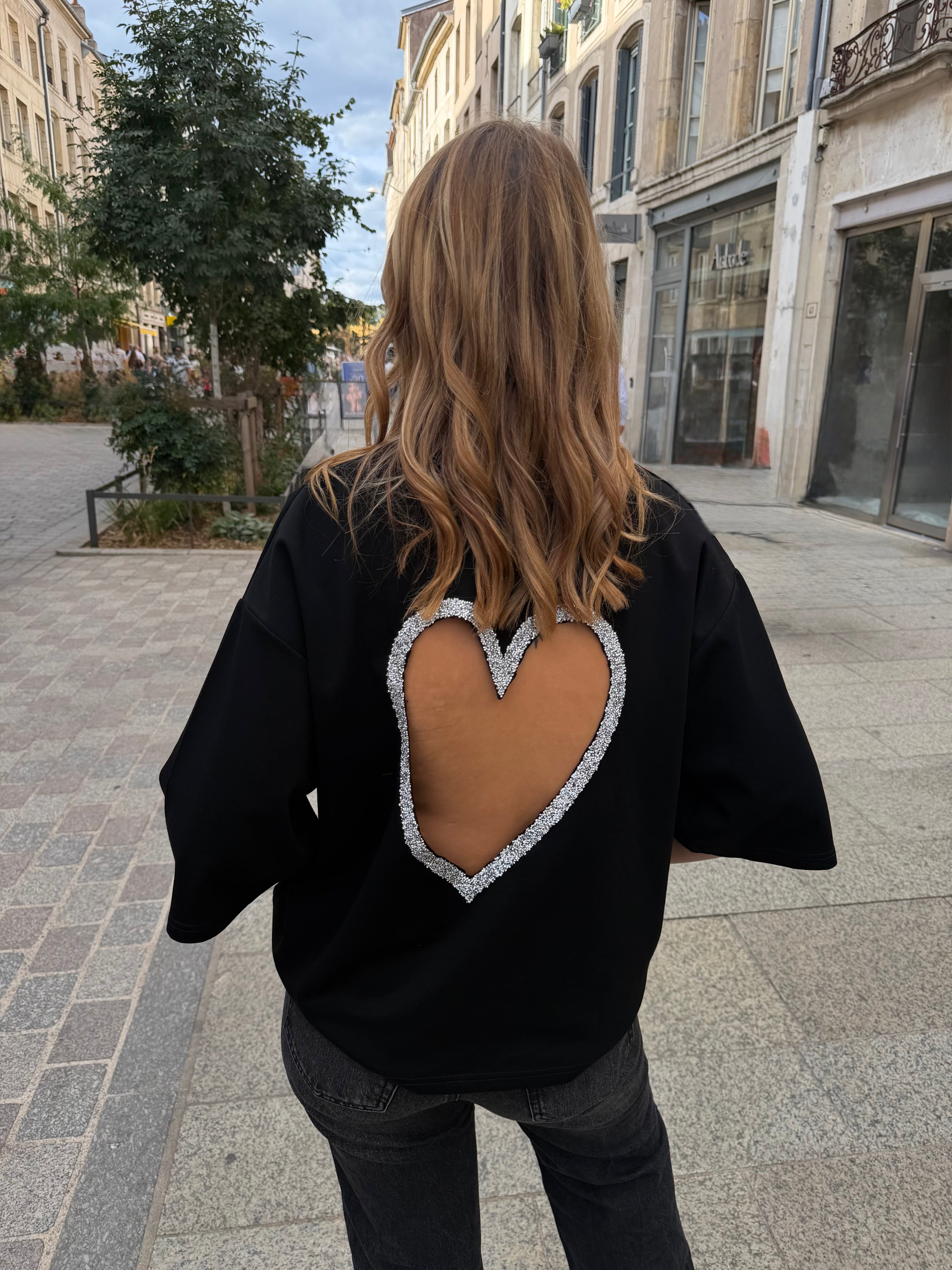 T-shirt coeur à strass - Noir