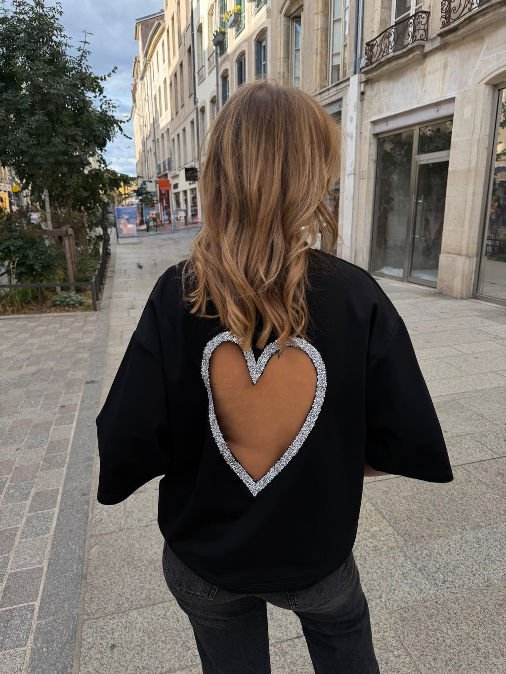 T-shirt coeur à strass - Noir