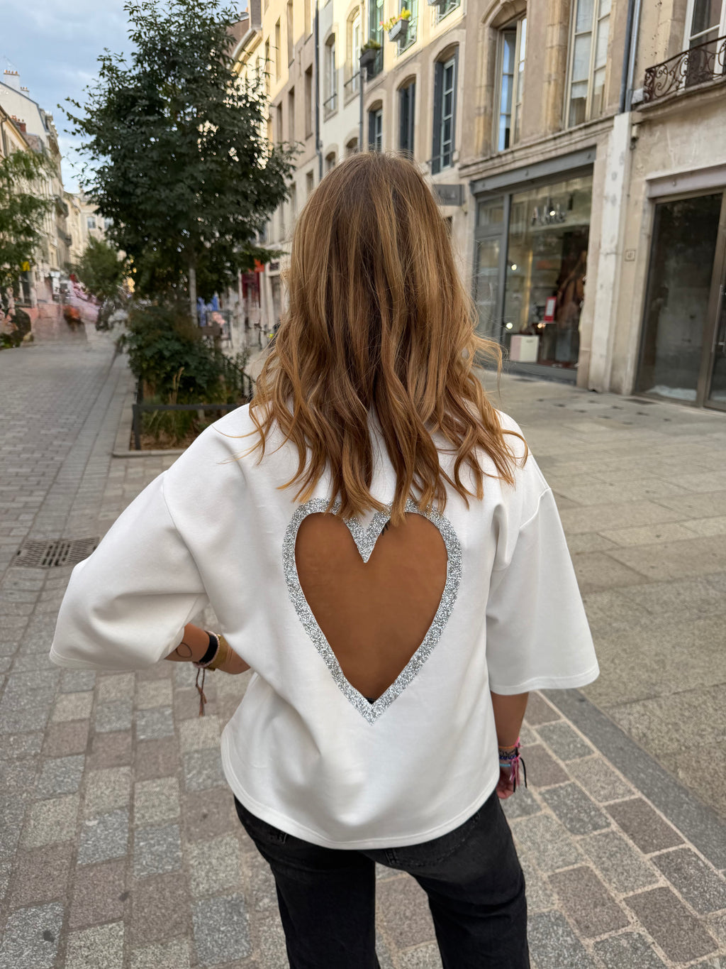 T-shirt coeur à strass - Blanc