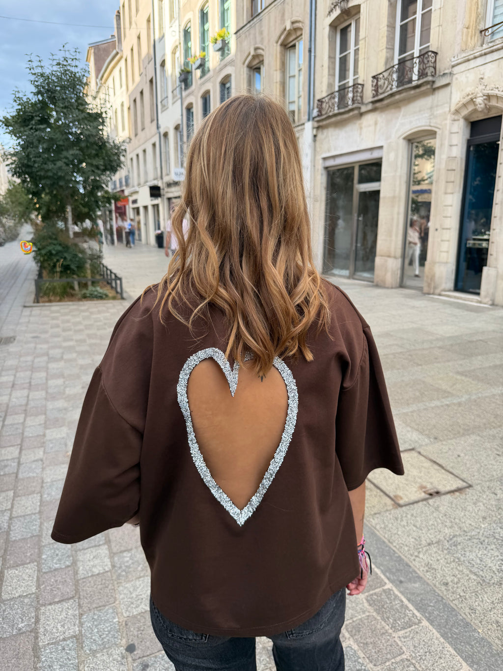 T-shirt coeur à strass - Chocolat