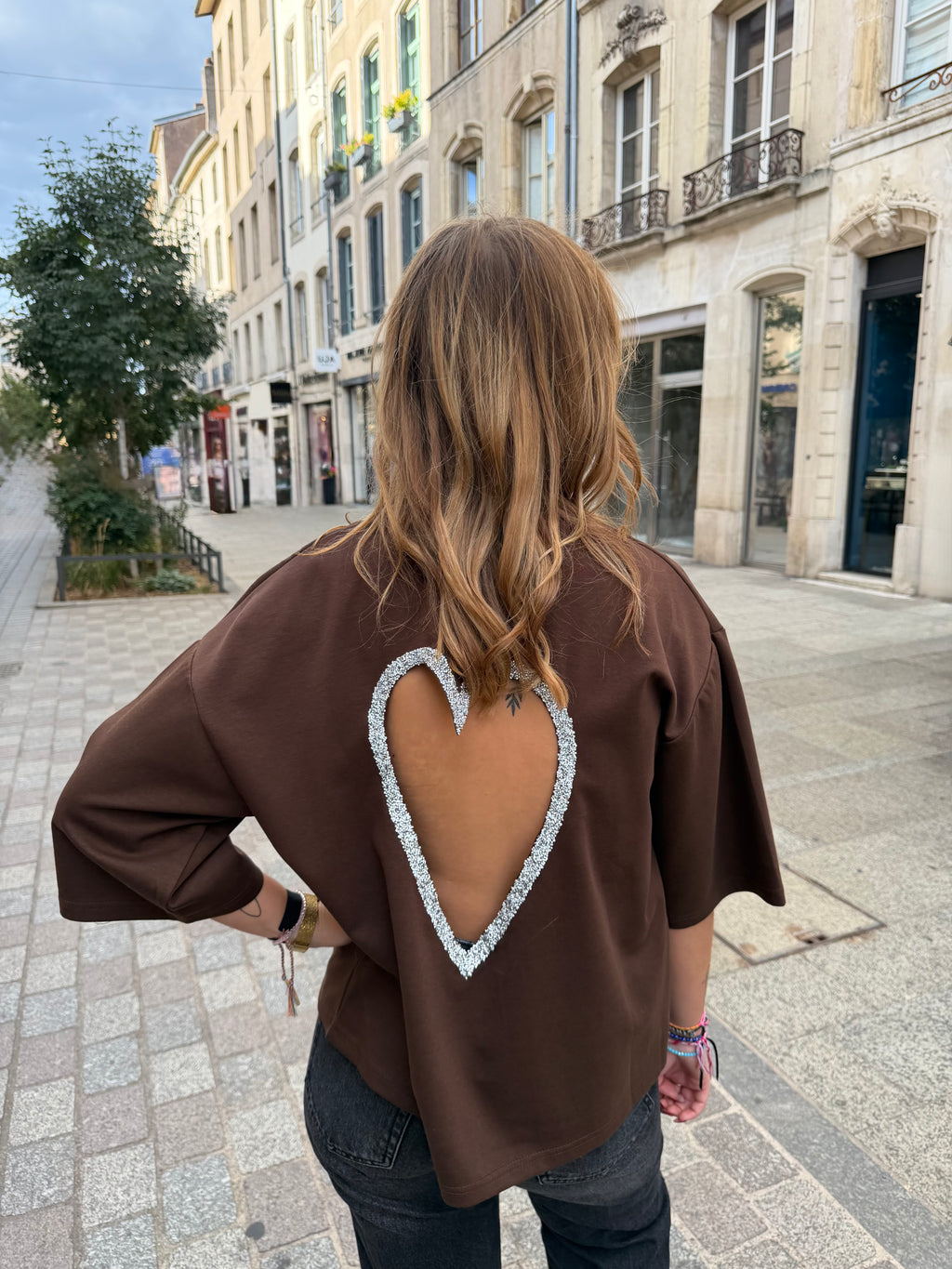 T-shirt coeur à strass - Chocolat