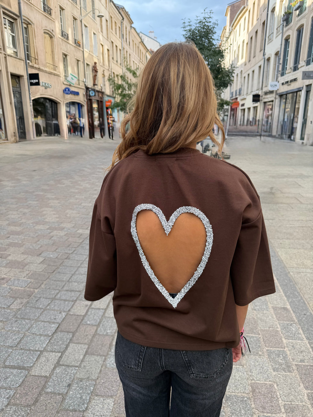 T-shirt coeur à strass - Chocolat