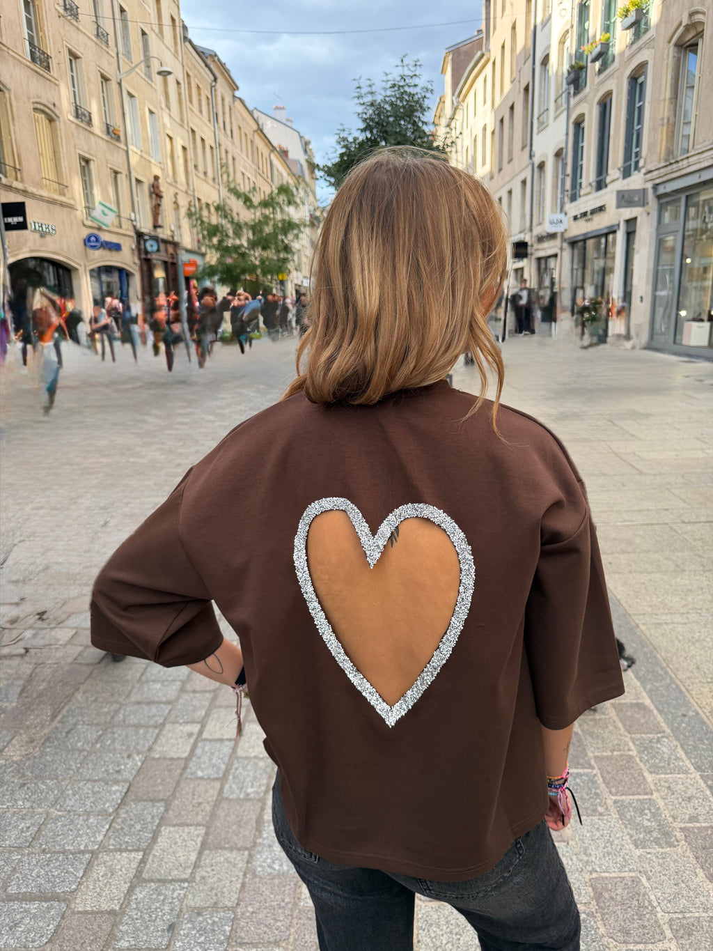 T-shirt coeur à strass - Chocolat
